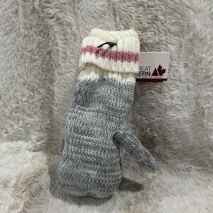 Muji Knit Mittens in Gray and Cream with Pink Accent